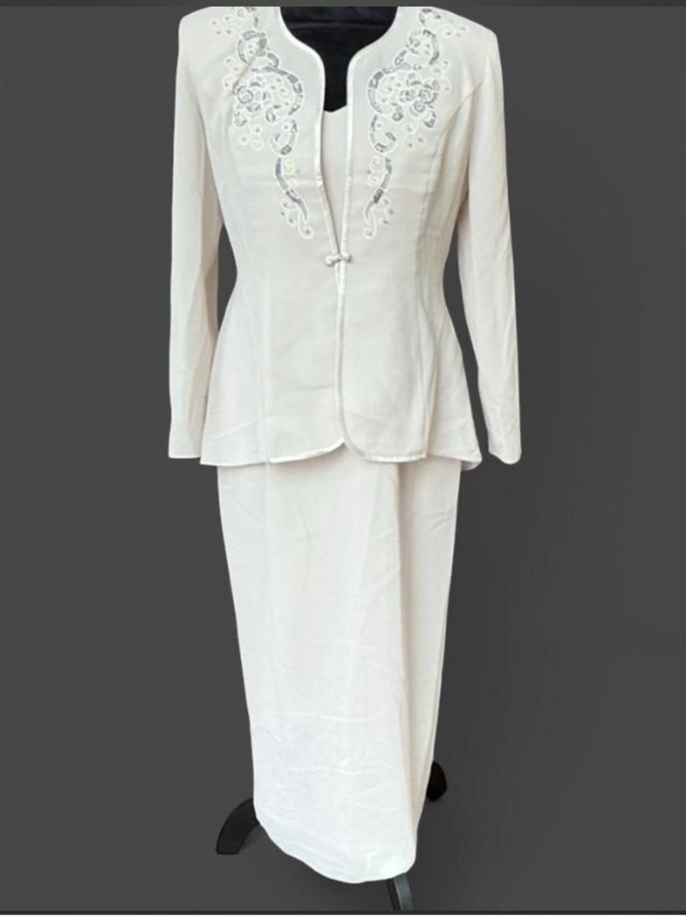 Old Money Monochrome Vintage Glam Gray-Beige Dress and Embellished Jacket Set